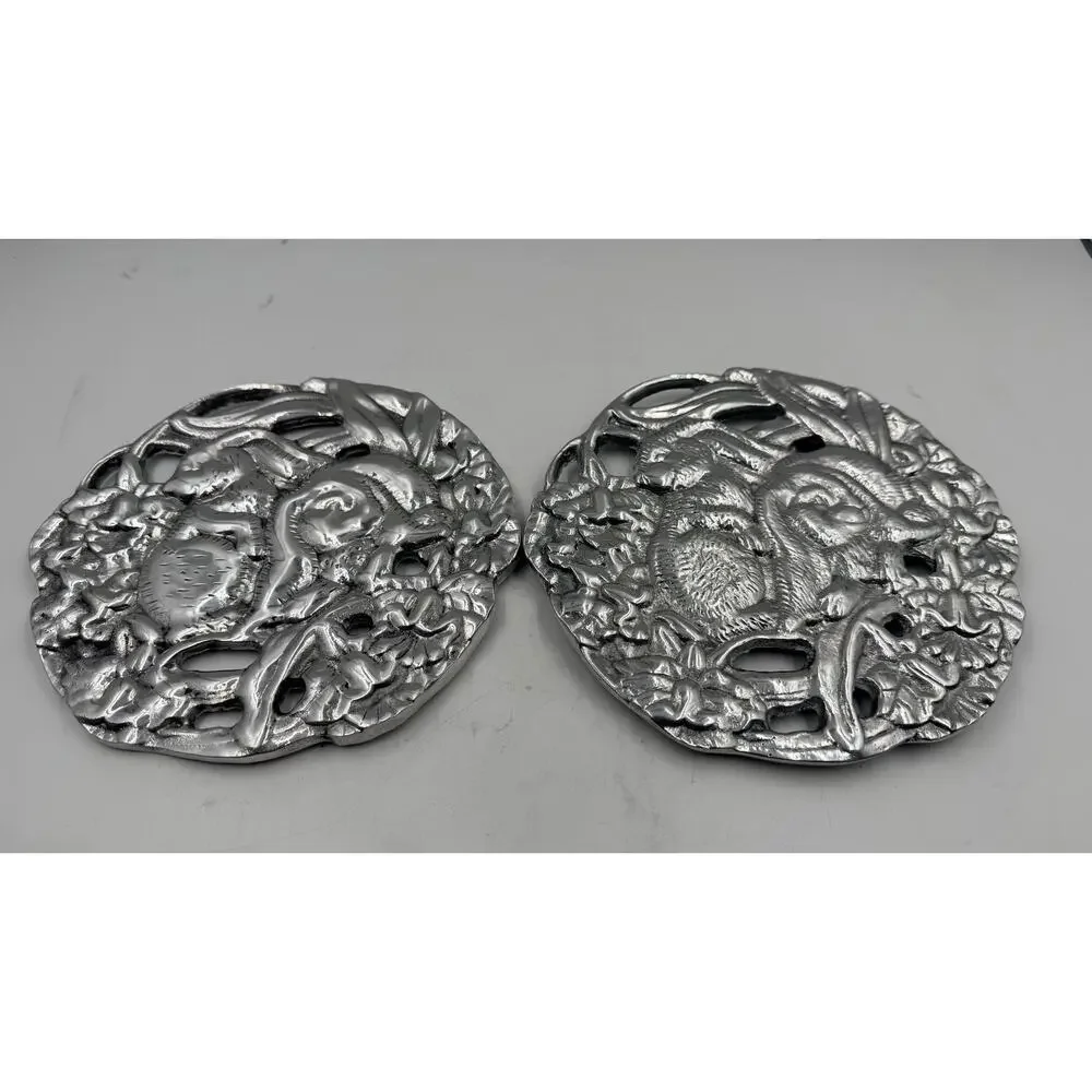 Set of 2 Vintage Arthur Court Bunny Trivet: 1995 Cast Aluminum Floral Design